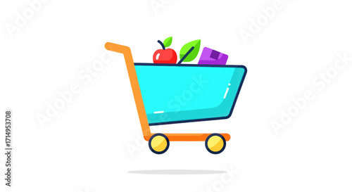 Colorful cartoon shopping cart filled with fresh groceries and food items.