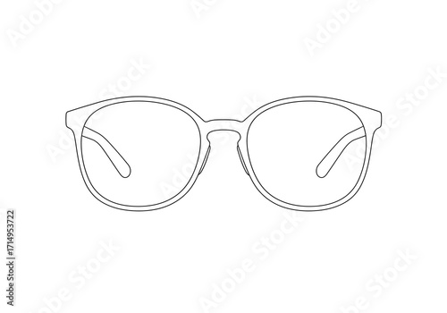 Line art showcases eyeglasses featuring rounded frames and distinct temples set against a plain background