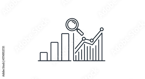 Black and White Financial Growth Analysis Icon with Magnifying Glass.