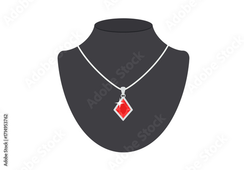 Necklace with red diamondshaped pendant displayed on a dark gray mannequin stand