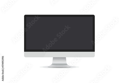 Silver computer monitor with a black screen against a white background