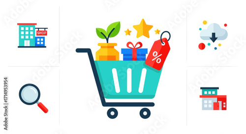 A colorful flat design shopping cart icon filled with a gift plant stars and a discount tag.