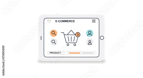 Modern white digital tablet displaying an e-commerce application interface with a shopping cart icon.