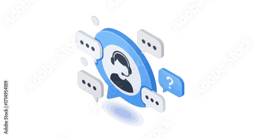 Customer Support Icon with Headset in Blue Speech Bubble with Question Mark.