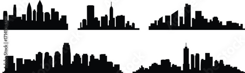 City skylines, black silhouettes, urban icons, skyline vector graphics collection, metropolitan profiles, architecture outlines, cityscape designs, building silhouettes, modern style