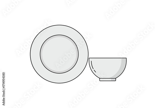 White plate and bowl side by side with black outlines on a white background