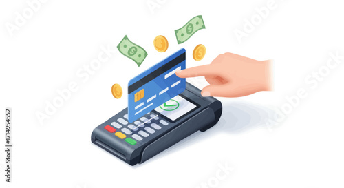Isometric Hand Inserting Credit Card into POS Terminal for Secure Payment.