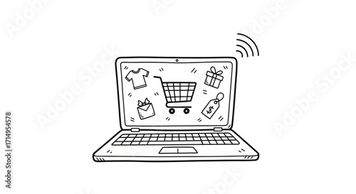 Hand-drawn laptop displaying online shopping elements on the screen.
