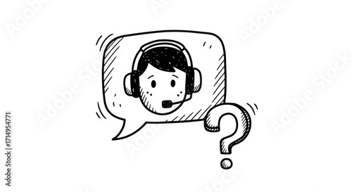 Hand-drawn Illustration of Customer Service Representative with Headset.