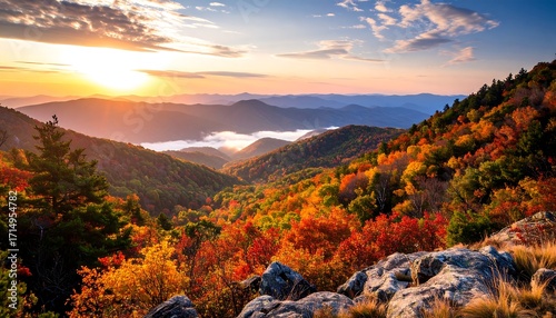 Majestic Autumn Sunrise over Appalachian Mountains, vibrant fall foliage, misty valley