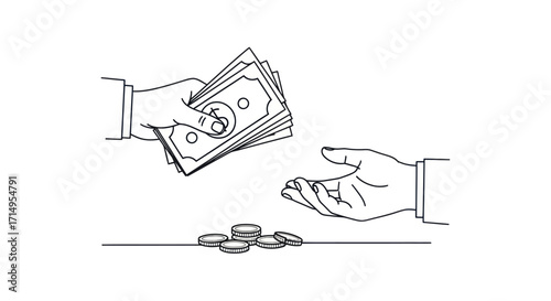 Line art illustration of hands exchanging money banknotes and coins.