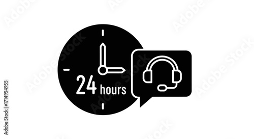 Black icon of a clock indicating 24 hours service with a headset in a speech bubble.
