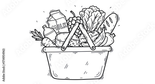 Hand-drawn Grocery Basket Filled with Food Items.