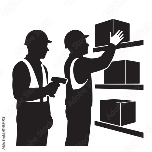 Workers organizing boxes on shelves warehouse workers