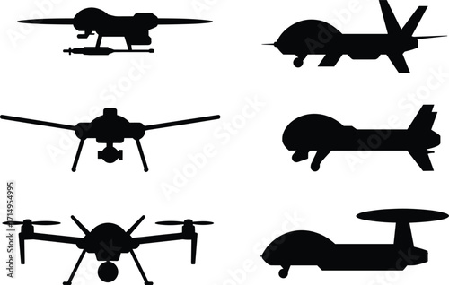 Drone silhouette collection, unmanned aerial vehicles, military UAV icons, quadcopter design, surveillance aircraft, black illustration, white background, aviation technology graphic