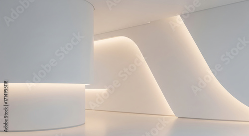 Abstract architectural interior with soft ambient lighting and smooth curved white surfaces creating a futuristic atmosphere