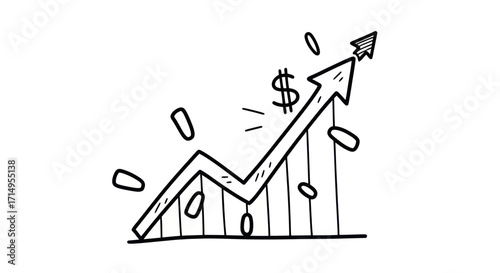 Hand-drawn doodle of a rising arrow graph with a dollar sign symbolizing financial growth and success.
