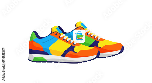 A pair of vibrant multi-colored athletic running shoes with a shopping icon tag on the laces.