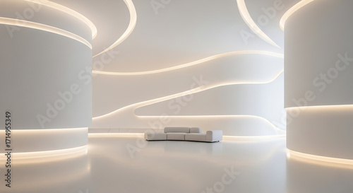 Futuristic white interior with curved walls illuminated by soft glowing light strips and a minimalist sofa
