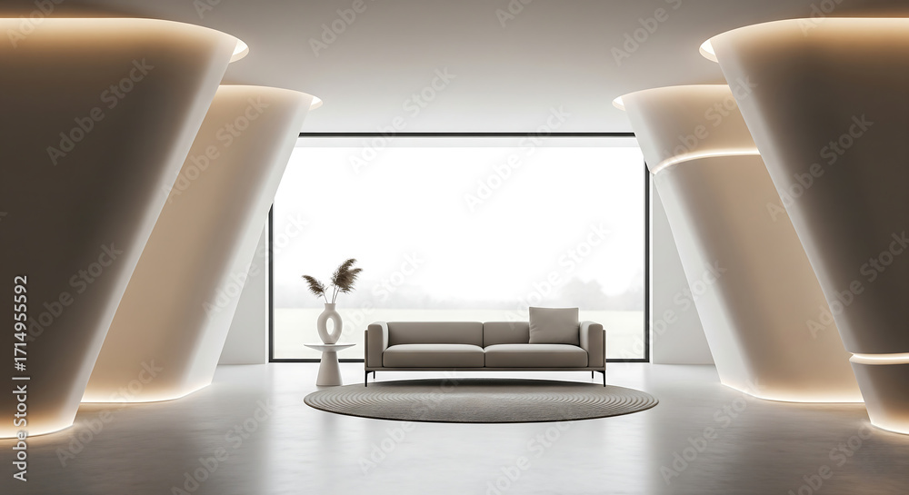 Fototapeta premium Modern minimalist living room with a sleek sofa and abstract illuminated pillars framing a large window