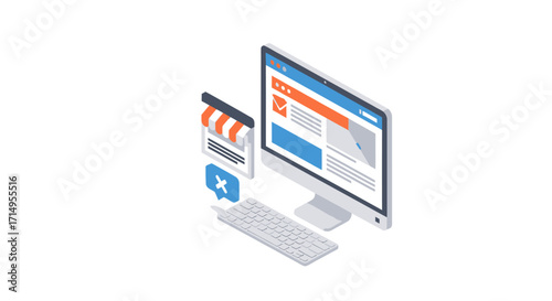 Isometric desktop computer and mobile phone screen displaying an online shop interface for e-commerce.