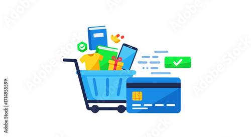 Online Shopping Cart Filled with Diverse Products and Payment Card.