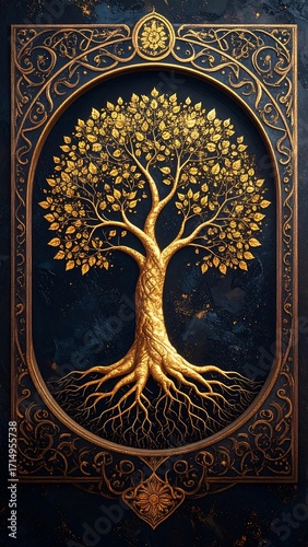 Golden tree of life in ornate frame