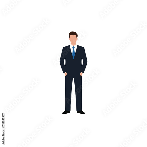 Man in dark suit and blue tie with hands in pockets
