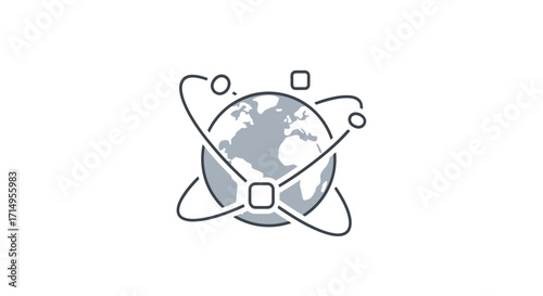 Stylized Earth globe icon representing a global network with orbiting satellites and data nodes.