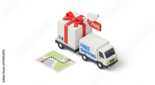 White Delivery Truck with Gift and Free Shipping Sign.