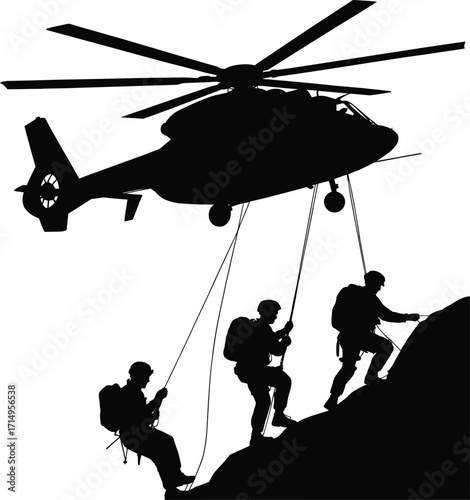 Helicopter rappelling silhouette, military operation, rescue mission, black illustration, white background, airborne descent, extreme action, tactical team, rope drop, cliff landing