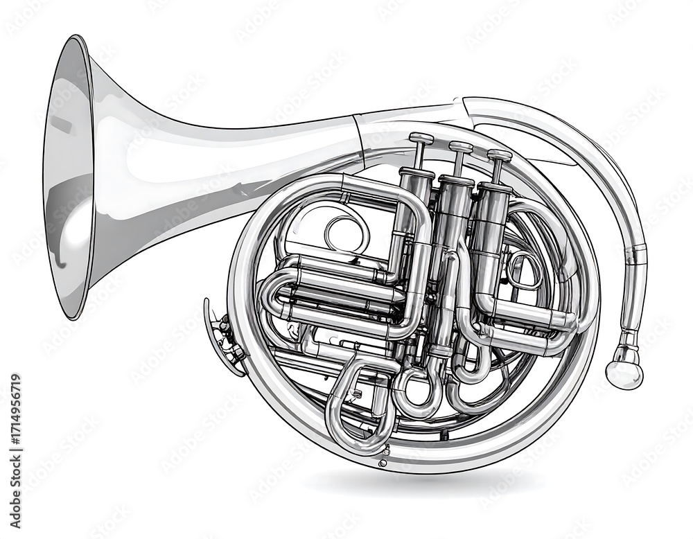 Naklejka premium Detailed Line Art Illustration of a French Horn
