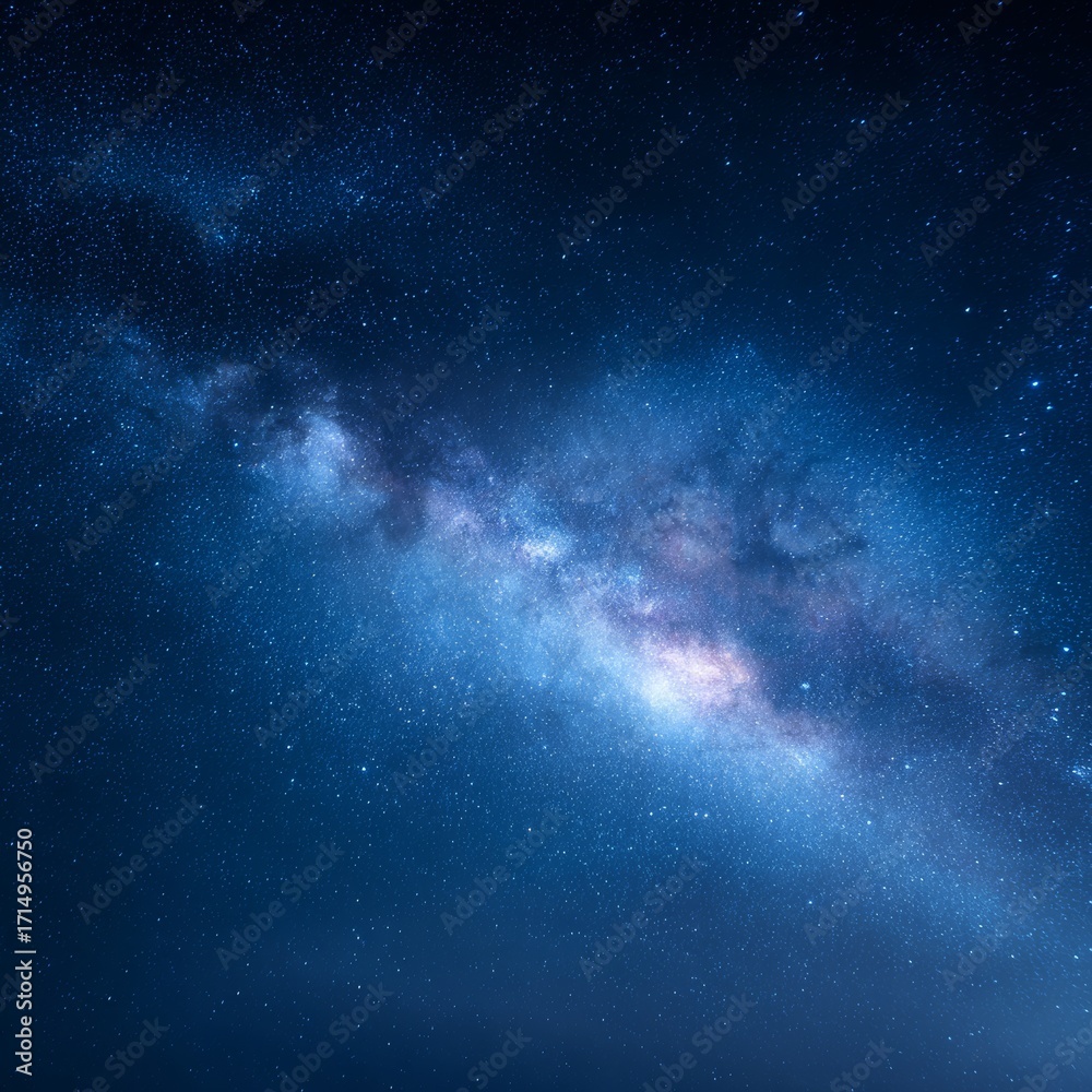 Fototapeta premium Milky Way and stars in a blue night sky on a dark background. With noise and texture, the universe is full with stars, nebula, and galaxies. Long exposure photo with white balance choice. incredible c