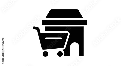 Black silhouette icon of a shopping cart next to a building.