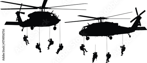 Military helicopter silhouette, soldiers rappelling, tactical descent, black illustration, white background, airborne operation, rope drop, combat training, rescue mission, action scene