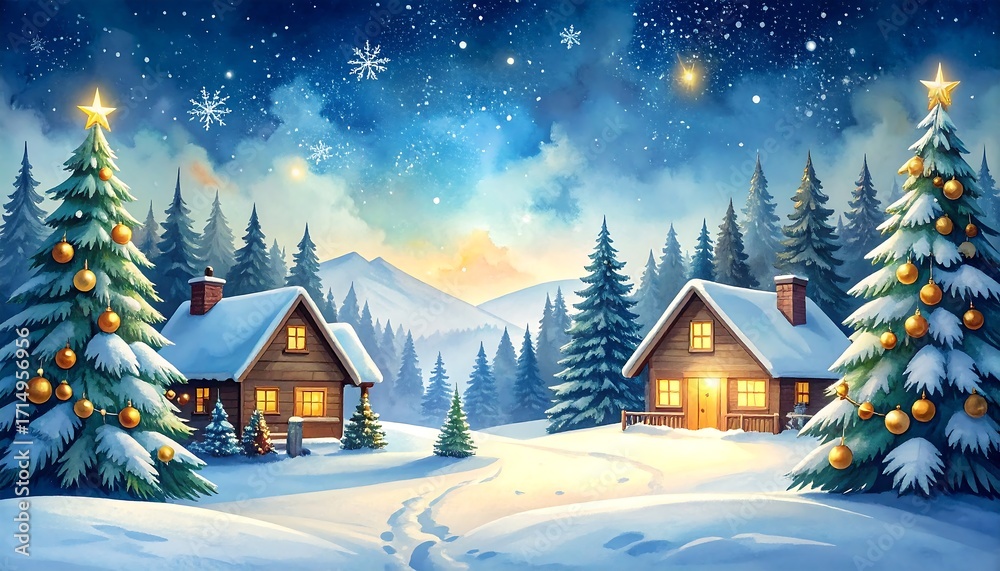 Fototapeta premium Winter Wonderland - Cozy Cabins and Christmas Trees in a Snowy Landscape.