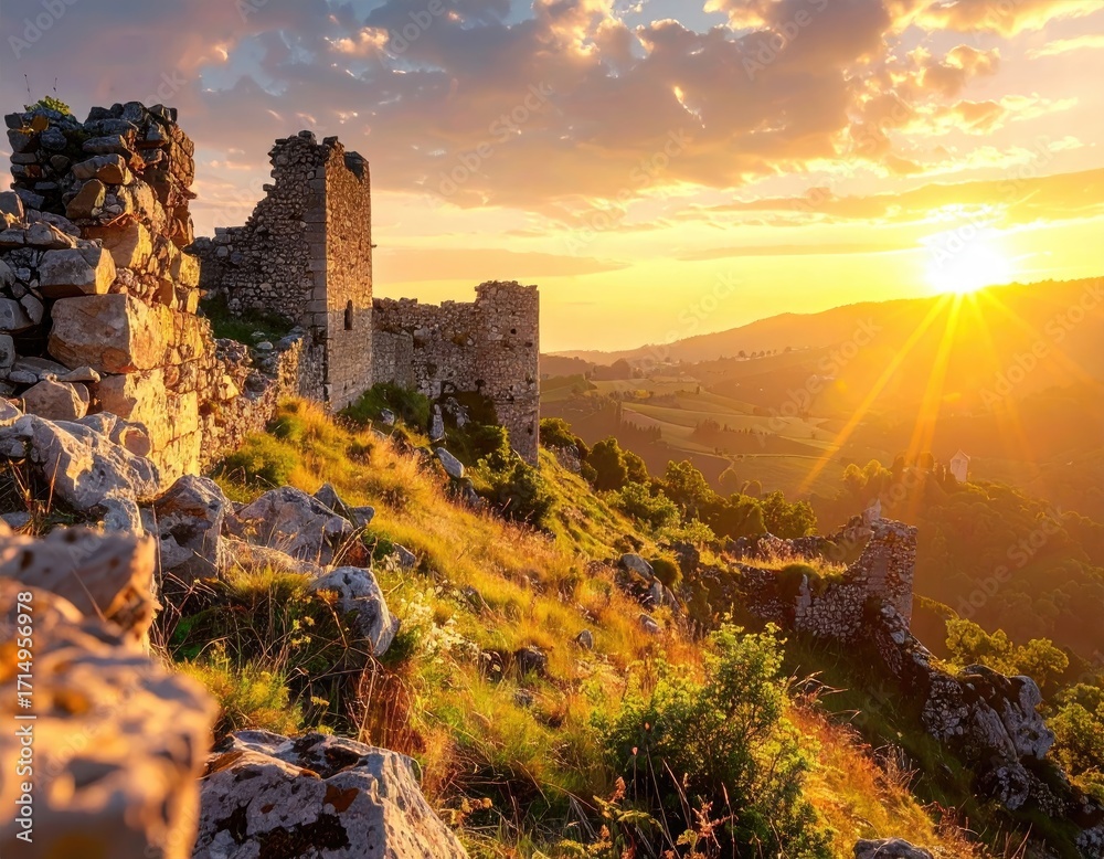 Fototapeta premium Ancient Stone Ruins Silhouetted Against a Glowing Golden Sunset Landscape