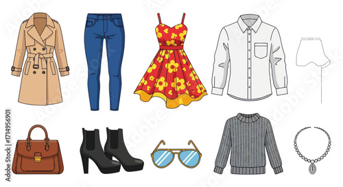 Illustrated collection of womens fashion apparel and accessories like a trench coat floral dress jeans and boots.
