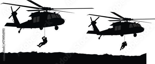 Military helicopter silhouette, soldiers rappelling, tactical descent, combat operation, black illustration, white background, rope drop, airborne mission, action scene, terrain landing