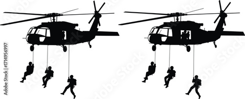 Military helicopter silhouette, soldiers rappelling, tactical descent, black illustration, white background, airborne operation, rope drop, rescue mission, combat training, action scene