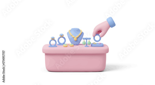 3D Rendered Pink Jewelry Box Displaying Rings Necklace and Earrings with a Hand Selecting an Item.