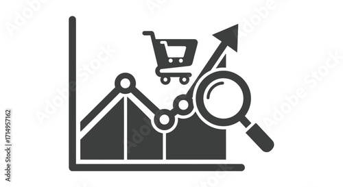 E-commerce sales growth analysis icon with a line graph shopping cart and magnifying glass.