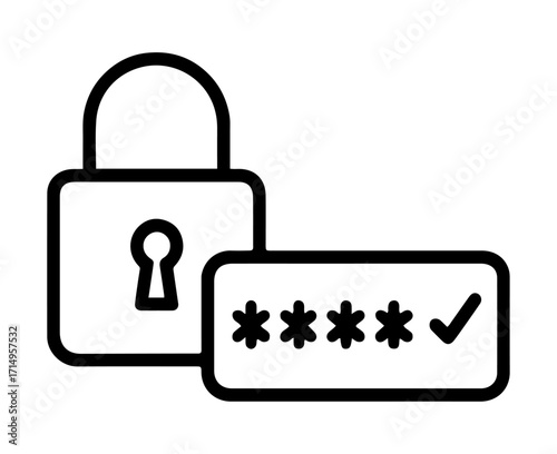 Password lock and checkmark, 2fa icon line art in black and white