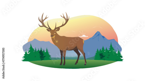 Illustration of a deer in a mountain landscape with trees and sunset for wildlife and nature lovers