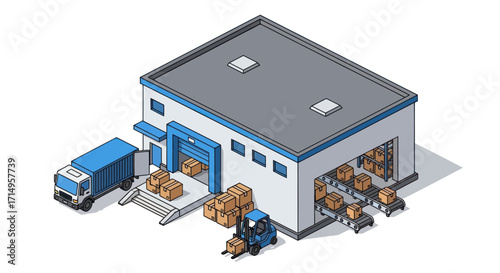 Isometric illustration of a logistics warehouse with a delivery truck forklift and cardboard boxes.