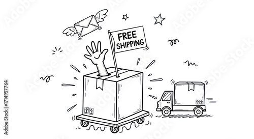Free Shipping Concept: Hand Emerging from Box with Delivery Truck.