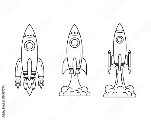 Three line art rockets taking off showcasing different designs and smoke trails for space themed