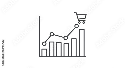 Growing Bar Chart with Shopping Cart Icon Symbolizing Sales Growth.
