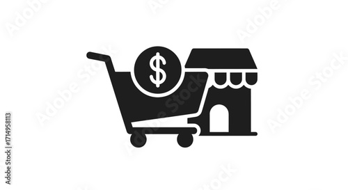 Black Silhouette Icon of Shopping Cart Dollar Sign and Storefront.