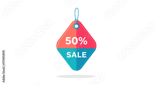 Colorful diamond-shaped hanging sale tag with a 50 percent discount promotion.